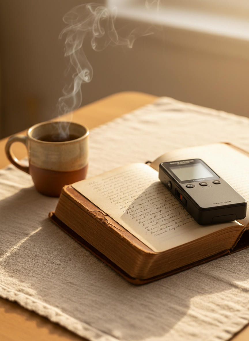 A close-up of a leather-bound journal lying open on a textured linen table runner, its pages filled with faint, almost illegible handwriting suggesting personal memories. A slim, matte-black digital voice recorder rests diagonally across the edge of the journal, symbolizing recorded interviews. Nearby, a ceramic mug of herbal tea sends up a delicate wisp of steam. Warm golden-hour light from an unseen side window washes across the scene, highlighting the grain of the journal’s leather and the fibers of the linen, while leaving the background in gentle softness. Photographic realism, intimate eye-level composition with shallow depth of field, quiet and reflective mood, evoking intimate stories being carefully captured and transformed into polished narrative.