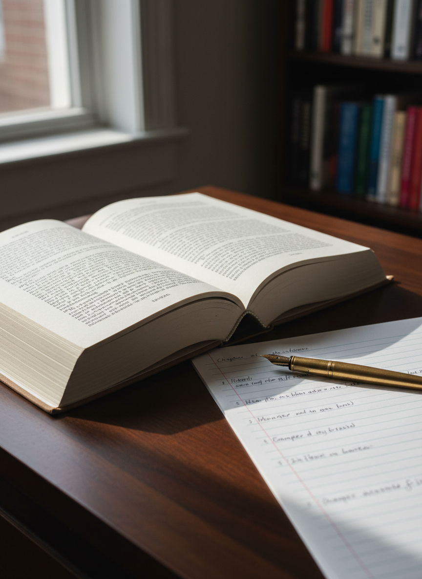 A thick, linen-bound memoir manuscript resting open on a dark walnut desk, its cream pages filled with neatly typed paragraphs and a few handwritten margin notes in soft pencil. Beside it, a vintage brass fountain pen lies on a legal pad covered in structured chapter outlines. The desk is positioned near a tall window, with diffused afternoon light spilling across the paper, creating gentle shadows between the pages. In the softly blurred background, shelves of neatly arranged books on narrative nonfiction and cultural criticism create context. Photographic realism, eye-level composition with a shallow depth of field, calm and professional mood, emphasizing clarity, order, and the quiet craftsmanship of ghostwriting.