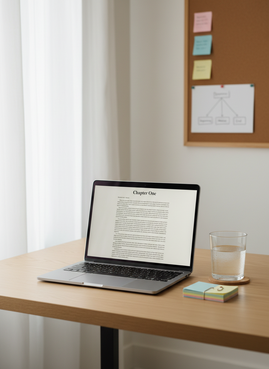 A minimalist writing workspace featuring a slim silver laptop displaying an open document titled “Chapter One,” with clean, double-spaced text visible but not readable in detail. The laptop sits on a pale oak desktop, next to a stack of color-coded index cards and a glass of water with faint condensation rings. Soft morning daylight filters through sheer curtains, creating an even, neutral glow and subtle reflections on the laptop’s metallic surface. In the background, slightly out of focus, are neatly arranged sticky notes and a corkboard with a simple story-structure diagram. Photographic realism, slightly elevated angle, professional and organized atmosphere, conveying focus, structure, and the disciplined side of memoir ghostwriting.