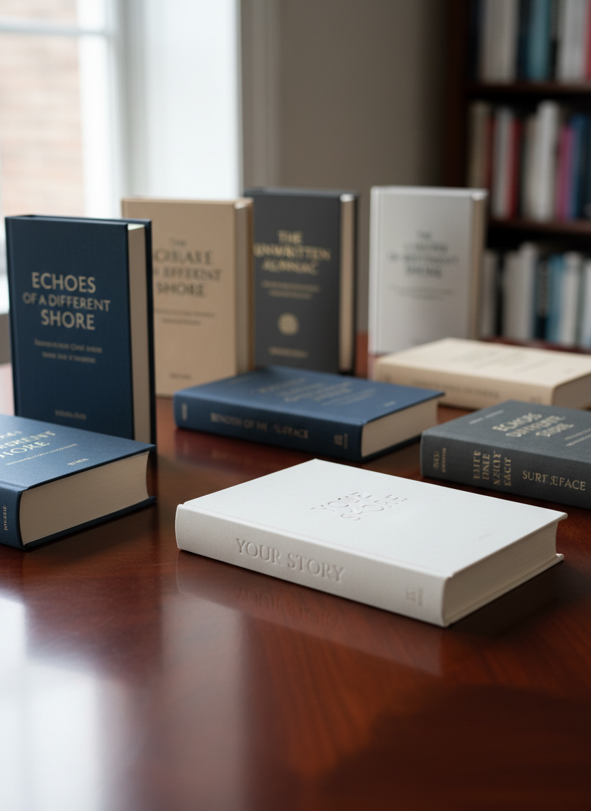 A polished wooden table displaying a curated collection of narrative nonfiction books, each with elegant, text-focused covers in muted tones of navy, cream, and charcoal, their titles barely legible but suggestive of personal stories and cultural criticism. At the center lies an unbranded, plain white mock book with the words “Your Story” subtly embossed on the cover, slightly angled toward the viewer. Soft, overcast window light from the left creates gentle, even illumination and faint reflections on the table’s surface. Photographic realism, slightly elevated three-quarter view, with a balanced composition and shallow depth of field. The mood is aspirational and intellectual, suggesting both client memoirs and the ghostwriter’s own essays situated within a thoughtful literary tradition.
