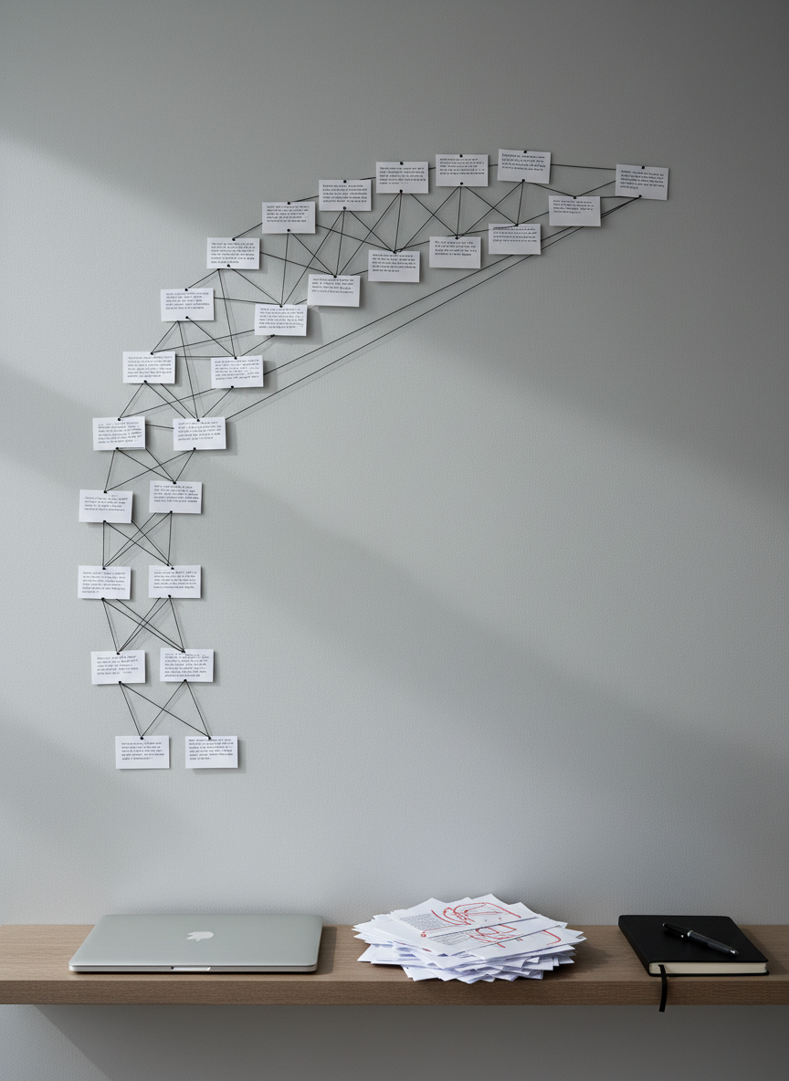 A neatly arranged narrative planning board on a soft gray wall, covered with white index cards connected by thin black string to form a clear story arc. Each card has short, blurred lines of text representing key life events and turning points. At the bottom of the frame, a slim wooden shelf holds a closed laptop, a small stack of marked-up printed pages, and a simple black notebook. Cool, diffused daylight from above and to the side creates crisp yet gentle shadows, emphasizing structure without feeling harsh. Photographic realism, straight-on composition with sharp focus throughout, modern and methodical atmosphere, communicating the meticulous architecture behind memoir ghostwriting and narrative nonfiction.
